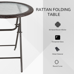 Outsunny Folding Round Tempered Glass Metal Table with Brown Rattan Edging - Aosom UK - thumbnail 4