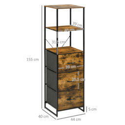HOMCOM Industrial-Style Bookshelf, Tall Bookcase w/ 2 Open Shelves & 3 Foldable Fabric Drawers, Multifunctional Storage Unit, Rustic Brown - Aosom UK - thumbnail 3