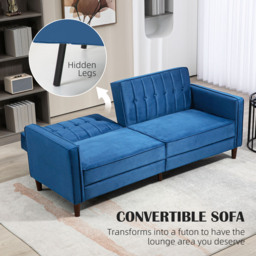 HOMCOM Modern Convertible Sofa Futon Velvet-Touch Tufted Couch Compact Loveseat with Adjustable Split Back, Blue - Aosom UK - thumbnail 4