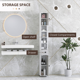 kleankin 180cm Slim Bathroom Cabinet, with Drawer, Shelves and Cupboards - Light Grey - thumbnail 4