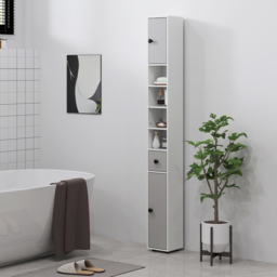 kleankin 180cm Slim Bathroom Cabinet, with Drawer, Shelves and Cupboards - Light Grey - thumbnail 7