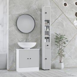 kleankin 180cm Slim Bathroom Cabinet, with Drawer, Shelves and Cupboards - Light Grey - thumbnail 2