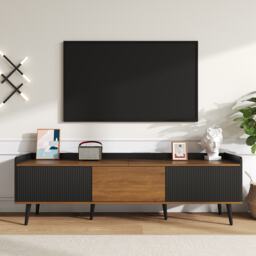 3 Doors TV Cabinet with Raised Edge and Wooden Legs, Media Cabinet Ideal for Modern Homes with Children, 160L x 39W x 49.5H cm, Black - Aosom UK