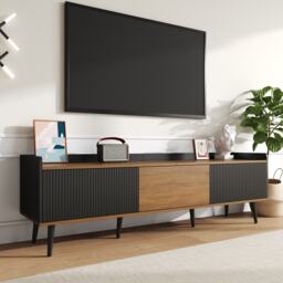 3 Doors TV Cabinet with Raised Edge and Wooden Legs, Media Cabinet Ideal for Modern Homes with Children, 160L x 39W x 49.5H cm, Black - Aosom UK - thumbnail 4