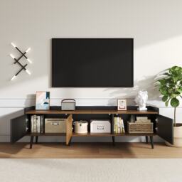 3 Doors TV Cabinet with Raised Edge and Wooden Legs, Media Cabinet Ideal for Modern Homes with Children, 160L x 39W x 49.5H cm, Black - Aosom UK - thumbnail 5