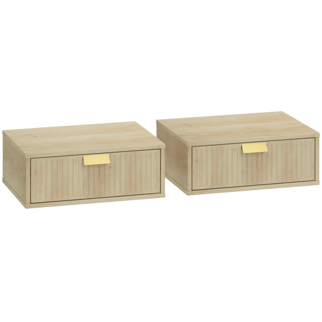 HOMCOM Modern Floating Nightstands Set of 2, Wall Mounted Bedside Tables with Wave Drawer Oak - image 1