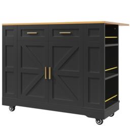 Elegant Kitchen Island Trolley with Wheels, Foldable Worktop, Black Kitchen Trolley with Double-Sided Storage, 120L x 40W x 90H cm, Black - Aosom UK - thumbnail 2