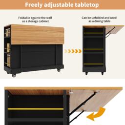 Elegant Kitchen Island Trolley with Wheels, Foldable Worktop, Black Kitchen Trolley with Double-Sided Storage, 120L x 40W x 90H cm, Black - Aosom UK - thumbnail 5