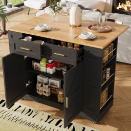 Elegant Kitchen Island Trolley with Wheels, Foldable Worktop, Black Kitchen Trolley with Double-Sided Storage, 120L x 40W x 90H cm, Black - Aosom UK - thumbnail 7