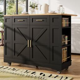 Elegant Kitchen Island Trolley with Wheels, Foldable Worktop, Black Kitchen Trolley with Double-Sided Storage, 120L x 40W x 90H cm, Black - Aosom UK - thumbnail 1