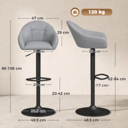 HOMCOM Bar Stools Adjustable Heights Breakfast Bar Stools Backrest Armrests Set of 2 with Rubber Ring Metal Base, Grey - thumbnail 3