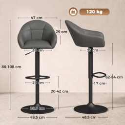 HOMCOM Bar Stools Adjustable Heights Breakfast Bar Stools Backrest Armrests Set of 2 with Rubber Ring Metal Base, Grey - thumbnail 3