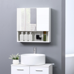 kleankin Bathroom Mirror Cabinet, Wall Mount Storage Cabinet with Double Door, Adjustable Shelf, 54cm x 15cm x 55cm, White - thumbnail 2