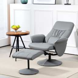 Swivel Recliner Chair with Footstool, HOMCOM PU Leather Armchair and Ottoman with High Back and Round Base for Living Room, Light Grey - Aosom UK - thumbnail 2