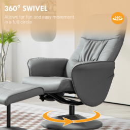 Swivel Recliner Chair with Footstool, HOMCOM PU Leather Armchair and Ottoman with High Back and Round Base for Living Room, Light Grey - Aosom UK - thumbnail 5
