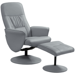 Swivel Recliner Chair with Footstool, HOMCOM PU Leather Armchair and Ottoman with High Back and Round Base for Living Room, Light Grey - Aosom UK - thumbnail 1