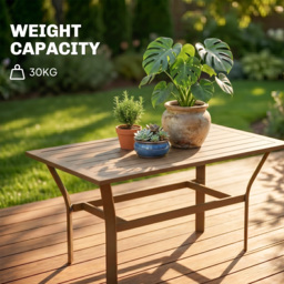 Outsunny Metal Garden Coffee Table, Rectangular Outdoor Side Table with Slatted Tabletop, Foot Pads for Outside, Garden, Balcony, Porch, 91.5 x 55 x 45cm, Brown - thumbnail 6