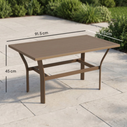 Outsunny Metal Garden Coffee Table, Rectangular Outdoor Side Table with Slatted Tabletop, Foot Pads for Outside, Garden, Balcony, Porch, 91.5 x 55 x 45cm, Brown - thumbnail 3