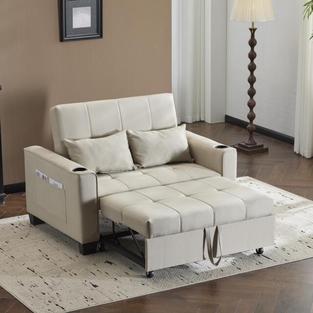 3-In-1 Convertible Pull-Out Sleeper with 3-Position Adjustable Backrest, 2 Seater Sofa Bed for Compact Room, 140L x 96W x 97H cm, Beige - Aosom UK - image 1