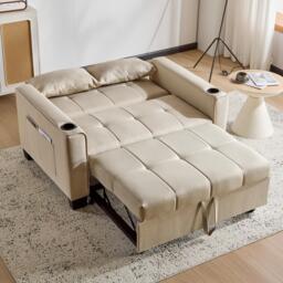3-In-1 Convertible Pull-Out Sleeper with 3-Position Adjustable Backrest, 2 Seater Sofa Bed for Compact Room, 140L x 96W x 97H cm, Beige - Aosom UK - thumbnail 8