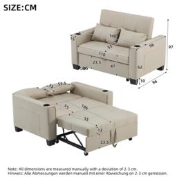 3-In-1 Convertible Pull-Out Sleeper with 3-Position Adjustable Backrest, 2 Seater Sofa Bed for Compact Room, 140L x 96W x 97H cm, Beige - Aosom UK - thumbnail 3