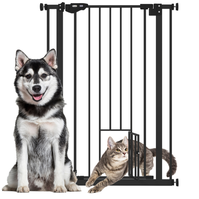 PawHut Extra Tall Dog Gate with Cat Door, Pet Safety Gate for Doorways Stairs with Auto Close Double Locking, 104H x 74-80W cm, Black - Aosom UK - image 1