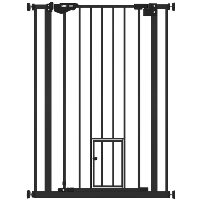 PawHut Extra Tall Dog Gate with Cat Door, Pet Safety Gate for Doorways Stairs with Auto Close Double Locking, 104H x 74-80W cm, Black - Aosom UK - image 1
