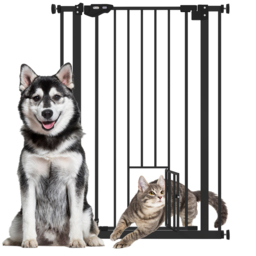 PawHut Extra Tall Dog Gate with Cat Door, Pet Safety Gate for Doorways Stairs with Auto Close Double Locking, 104H x 74-80W cm, Black - Aosom UK