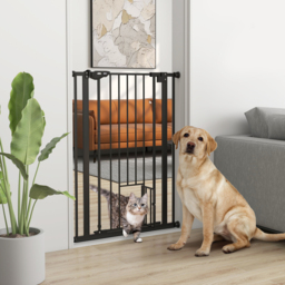 PawHut Extra Tall Dog Gate with Cat Door, Pet Safety Gate for Doorways Stairs with Auto Close Double Locking, 104H x 74-80W cm, Black - Aosom UK - thumbnail 2