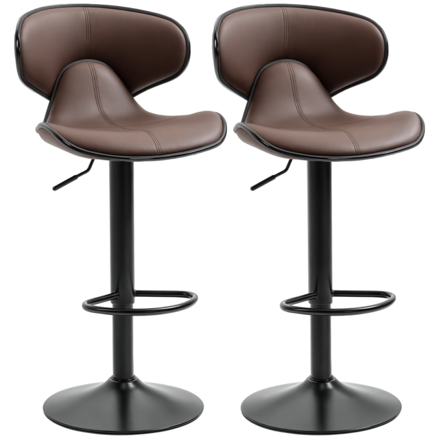 HOMCOM Breakfast Bar Stools Set of 2 with Curved Back Leather Bar Stools 62-82cm Adjustable Height with Curved Back & Gas Lift, Brown - Aosom UK - image 1
