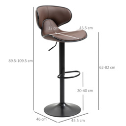 HOMCOM Breakfast Bar Stools Set of 2 with Curved Back Leather Bar Stools 62-82cm Adjustable Height with Curved Back & Gas Lift, Brown - Aosom UK - thumbnail 3