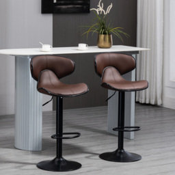 HOMCOM Breakfast Bar Stools Set of 2 with Curved Back Leather Bar Stools 62-82cm Adjustable Height with Curved Back & Gas Lift, Brown - Aosom UK - thumbnail 2