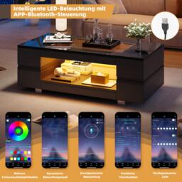 Modern LED Hollow Coffee Table with App-Controlled Light Strip, Desk with High-Gloss Toughened Glass Top, 100L x 50W x 35H cm, Black - Aosom UK - thumbnail 4