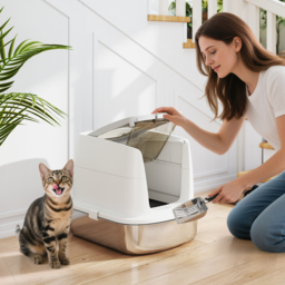 PawHut Large Stainless Steel Litter Box, Enclosed Metal Cat Litter Tray with Scoop & Deodoriser Bag, Front-Entry & Top-Exit - Aosom UK - thumbnail 2