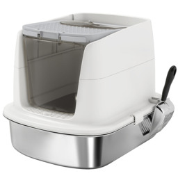 PawHut Large Stainless Steel Litter Box, Enclosed Metal Cat Litter Tray with Scoop & Deodoriser Bag, Front-Entry & Top-Exit - Aosom UK