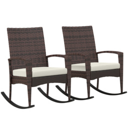 Outsunny Outdoor PE Rattan Rocking Chair Set of 2, Garden Rocking Chair Set with Armrest and Cushion, Brown - Aosom UK - thumbnail 1