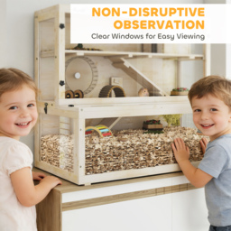 PawHut Wooden Hamster Cage with Hut, Wheel, Ramps, Removable Viewing Panels, 100 x 50 x 84 cm, Natural Wood - thumbnail 6