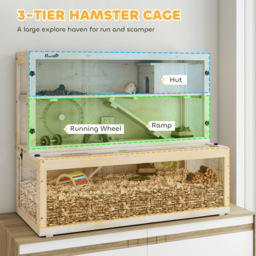 PawHut Wooden Hamster Cage with Hut, Wheel, Ramps, Removable Viewing Panels, 100 x 50 x 84 cm, Natural Wood - thumbnail 4