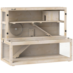 PawHut Wooden Hamster Cage with Hut, Wheel, Ramps, Removable Viewing Panels, 100 x 50 x 84 cm, Natural Wood - thumbnail 1