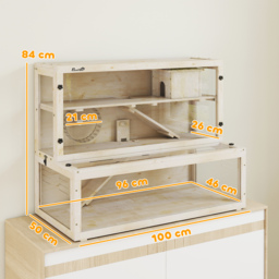 PawHut Wooden Hamster Cage with Hut, Wheel, Ramps, Removable Viewing Panels, 100 x 50 x 84 cm, Natural Wood - thumbnail 3