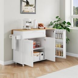 Mobile Kitchen Island with Foldable Oak-Look Worktop, Multi-purpose Trolley with Sliding Drawer, 132.5L x 44W x 90H cm, White+Natural - Aosom UK - thumbnail 8