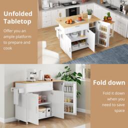 Mobile Kitchen Island with Foldable Oak-Look Worktop, Multi-purpose Trolley with Sliding Drawer, 132.5L x 44W x 90H cm, White+Natural - Aosom UK - thumbnail 5