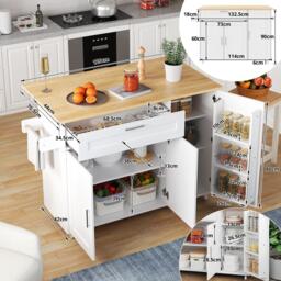 Mobile Kitchen Island with Foldable Oak-Look Worktop, Multi-purpose Trolley with Sliding Drawer, 132.5L x 44W x 90H cm, White+Natural - Aosom UK - thumbnail 3