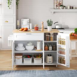 Mobile Kitchen Island with Foldable Oak-Look Worktop, Multi-purpose Trolley with Sliding Drawer, 132.5L x 44W x 90H cm, White+Natural - Aosom UK - thumbnail 1