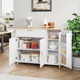 Mobile Kitchen Island with Foldable Oak-Look Worktop, Multi-purpose Trolley with Sliding Drawer, 132.5L x 44W x 90H cm, White+Natural - Aosom UK - thumbnail 9