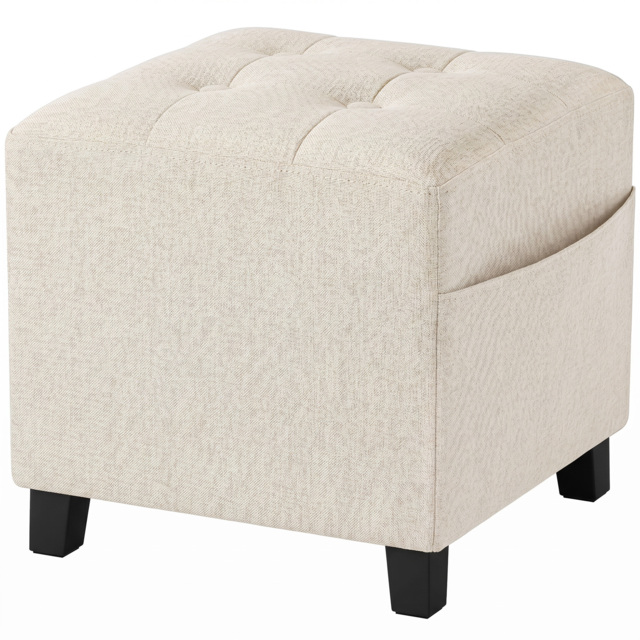 HOMCOM Small Ottoman, Square Footstool with Side Pocket, Rubber Wood Legs and Padded Seat for Living Room, Beige - image 1