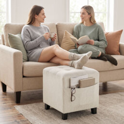 HOMCOM Small Ottoman, Square Footstool with Side Pocket, Rubber Wood Legs and Padded Seat for Living Room, Beige - thumbnail 9