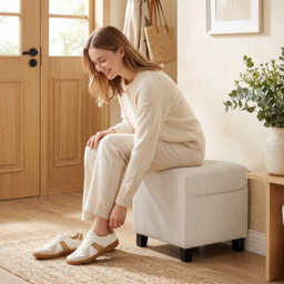 HOMCOM Small Ottoman, Square Footstool with Side Pocket, Rubber Wood Legs and Padded Seat for Living Room, Beige - thumbnail 8