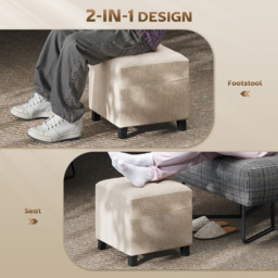 HOMCOM Small Ottoman, Square Footstool with Side Pocket, Rubber Wood Legs and Padded Seat for Living Room, Beige - thumbnail 4