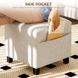 HOMCOM Small Ottoman, Square Footstool with Side Pocket, Rubber Wood Legs and Padded Seat for Living Room, Beige - thumbnail 5
